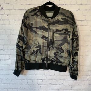 Anthropologie Marrakech Full Zip Satin Camoflauge Bomber Jacket Size Small
